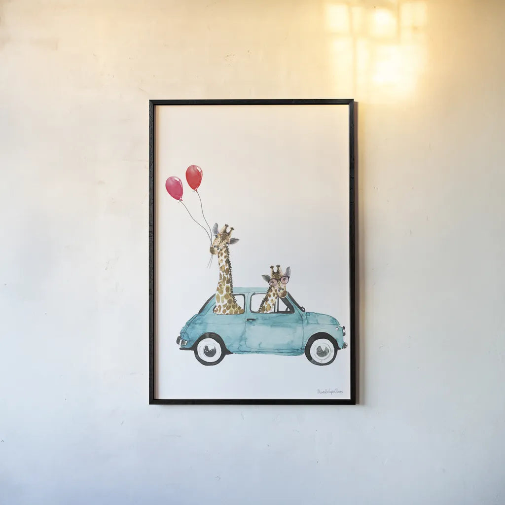 Giraffe Joy Ride III by Mercedes Lopez Charro. shown as a paper print in a black flame. Available as a archival giclee rolled canvas, fine art paper, or poster print. SKU 73183h.
