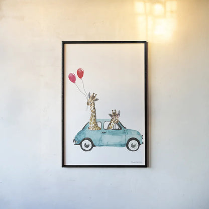 Giraffe Joy Ride III by Mercedes Lopez Charro. shown as a paper print in a black flame. Available as a archival giclee rolled canvas, fine art paper, or poster print. SKU 73183h.