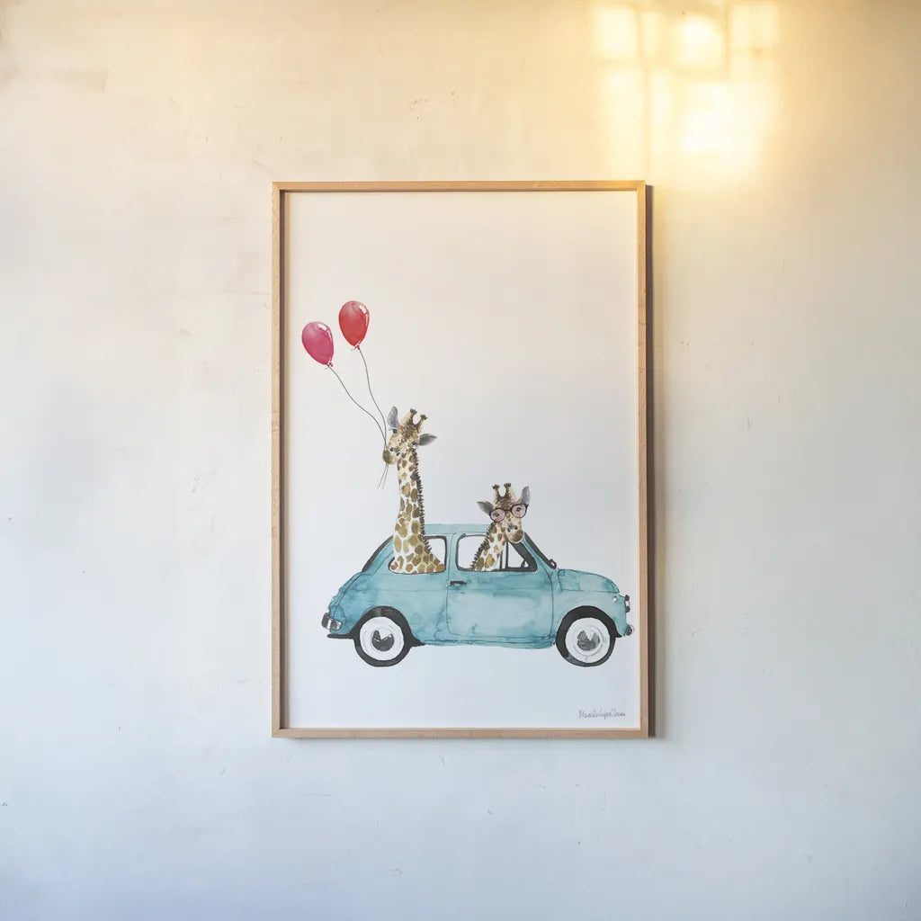 Giraffe Joy Ride III by Mercedes Lopez Charro. shown as a paper print in a natural frame. Available as a archival giclee rolled canvas, fine art paper, or poster print. SKU 73183h.