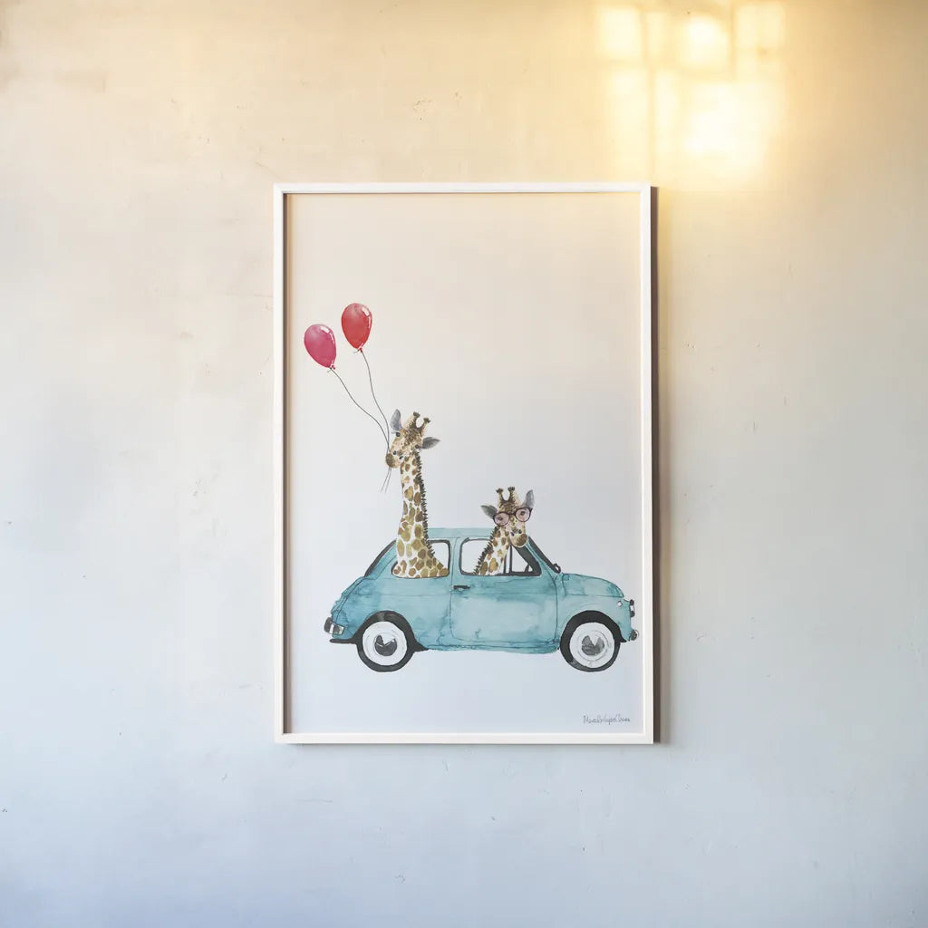 Giraffe Joy Ride III by Mercedes Lopez Charro. shown as a paper print in a white frame. Available as a archival giclee rolled canvas, fine art paper, or poster print. SKU 73183h.