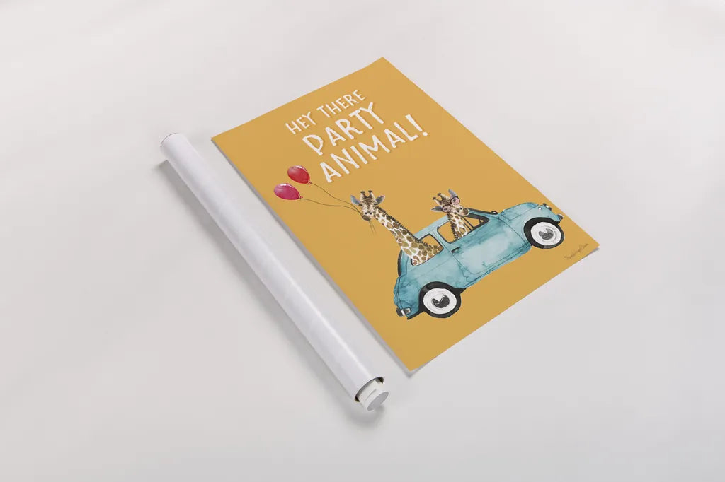 Giraffe Joy Ride III Birthday by Mercedes Lopez Charro. shown as a rolled paper print. Available as archival giclee rolled canvas, fine art paper, or poster print. SKU 78200h.