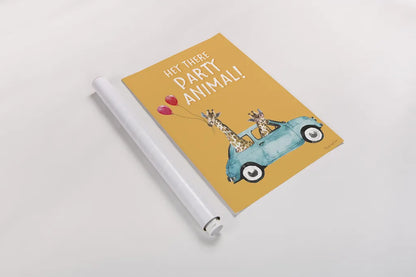 Giraffe Joy Ride III Birthday by Mercedes Lopez Charro. shown as a rolled paper print. Available as archival giclee rolled canvas, fine art paper, or poster print. SKU 78200h.