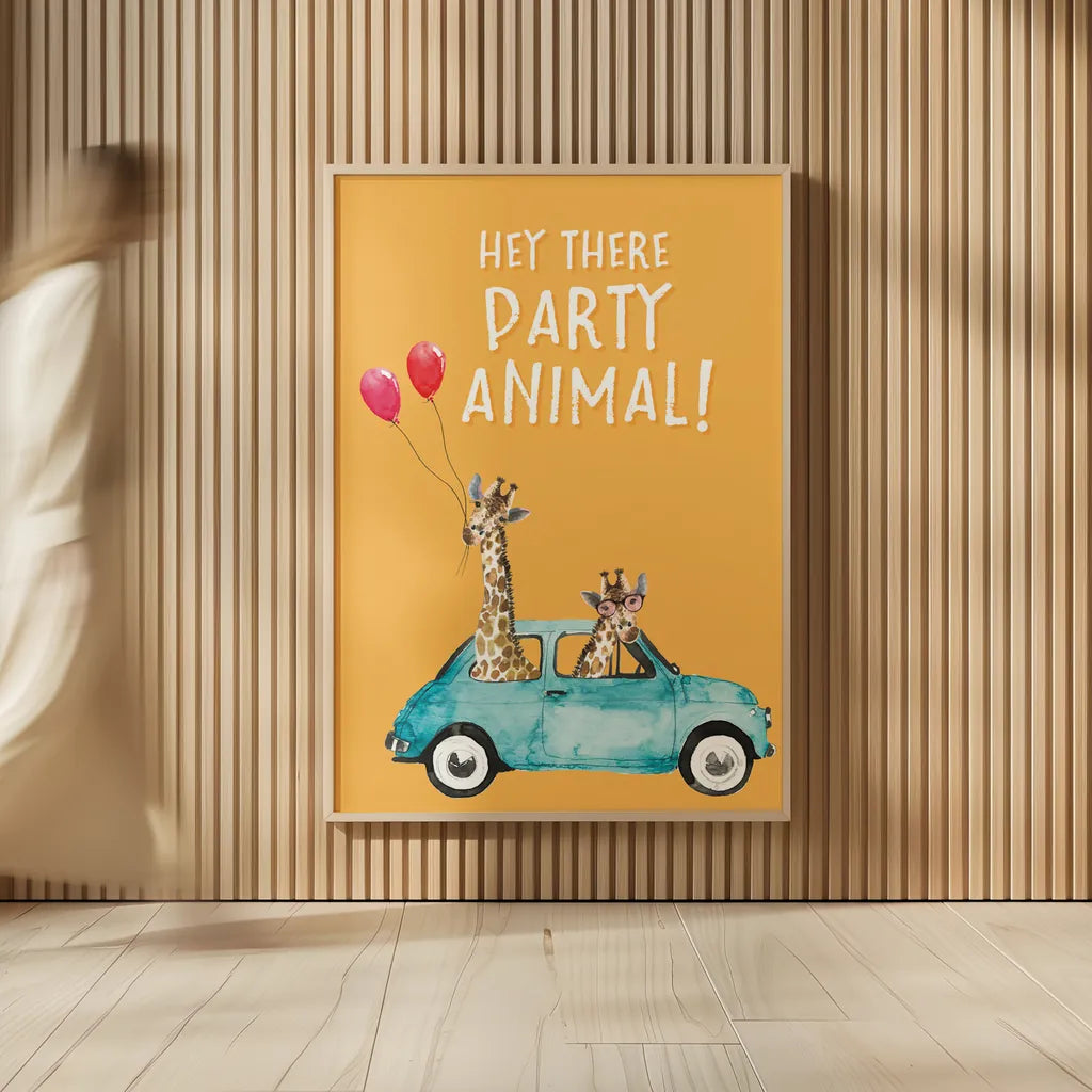 Giraffe Joy Ride III Birthday by Mercedes Lopez Charro. shown as over sized large wall art. Available as an archival giclee rolled canvas, fine art paper, or poster print. SKU 78200h.