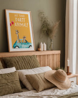 Giraffe Joy Ride III Birthday by Mercedes Lopez Charro. shown as a paper print in a natural frame. Available as a archival giclee rolled canvas, fine art paper, or poster print. SKU 78200h.