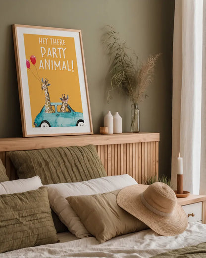 Giraffe Joy Ride III Birthday by Mercedes Lopez Charro. shown as a paper print in a natural frame. Available as a archival giclee rolled canvas, fine art paper, or poster print. SKU 78200h.