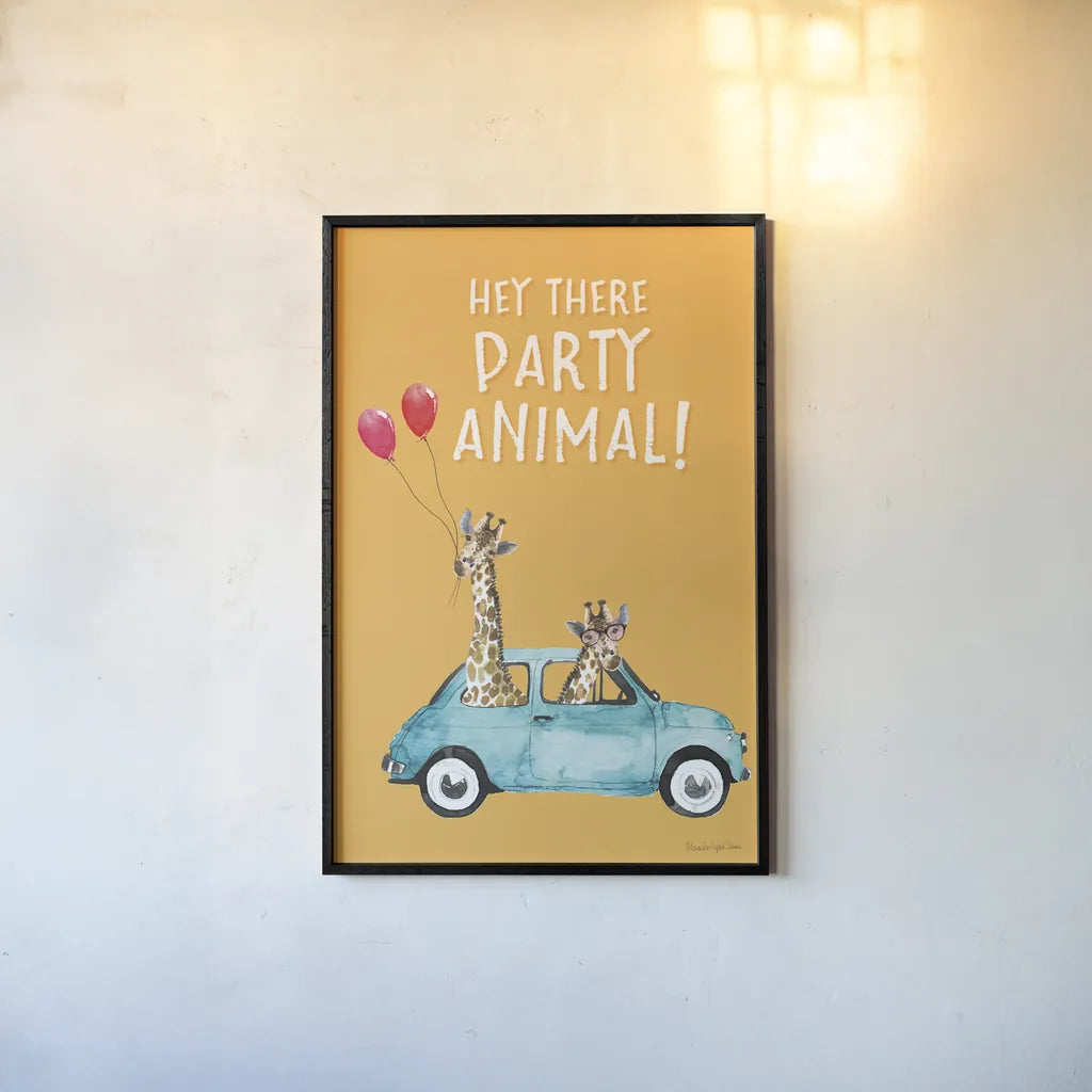 Giraffe Joy Ride III Birthday by Mercedes Lopez Charro. shown as a paper print in a black flame. Available as a archival giclee rolled canvas, fine art paper, or poster print. SKU 78200h.