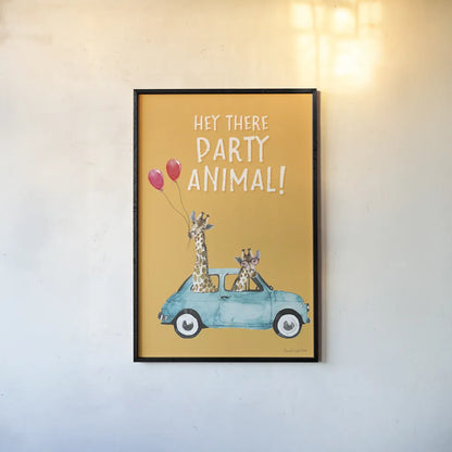 Giraffe Joy Ride III Birthday by Mercedes Lopez Charro. shown as a paper print in a black flame. Available as a archival giclee rolled canvas, fine art paper, or poster print. SKU 78200h.