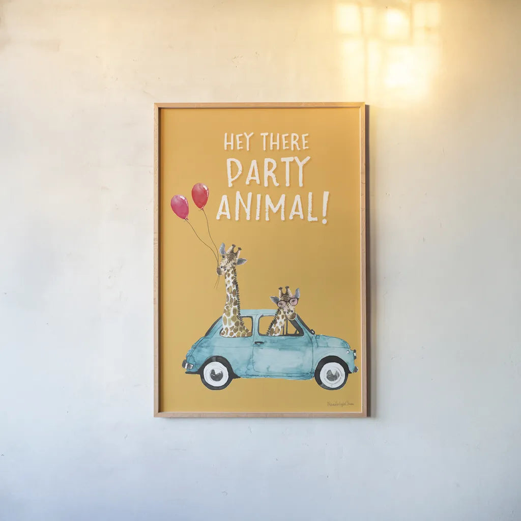 Giraffe Joy Ride III Birthday by Mercedes Lopez Charro. shown as a paper print in a natural frame. Available as a archival giclee rolled canvas, fine art paper, or poster print. SKU 78200h.