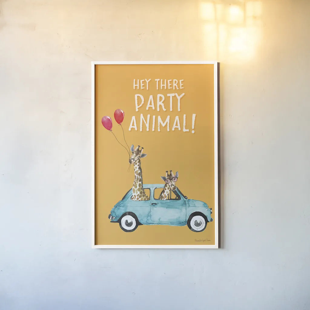 Giraffe Joy Ride III Birthday by Mercedes Lopez Charro. shown as a paper print in a white frame. Available as a archival giclee rolled canvas, fine art paper, or poster print. SKU 78200h.