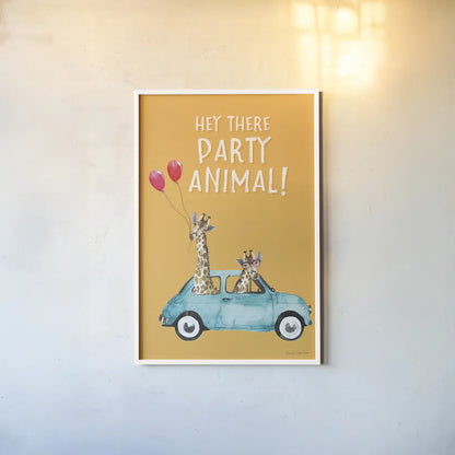 Giraffe Joy Ride III Birthday by Mercedes Lopez Charro. shown as a paper print in a white frame. Available as a archival giclee rolled canvas, fine art paper, or poster print. SKU 78200h.