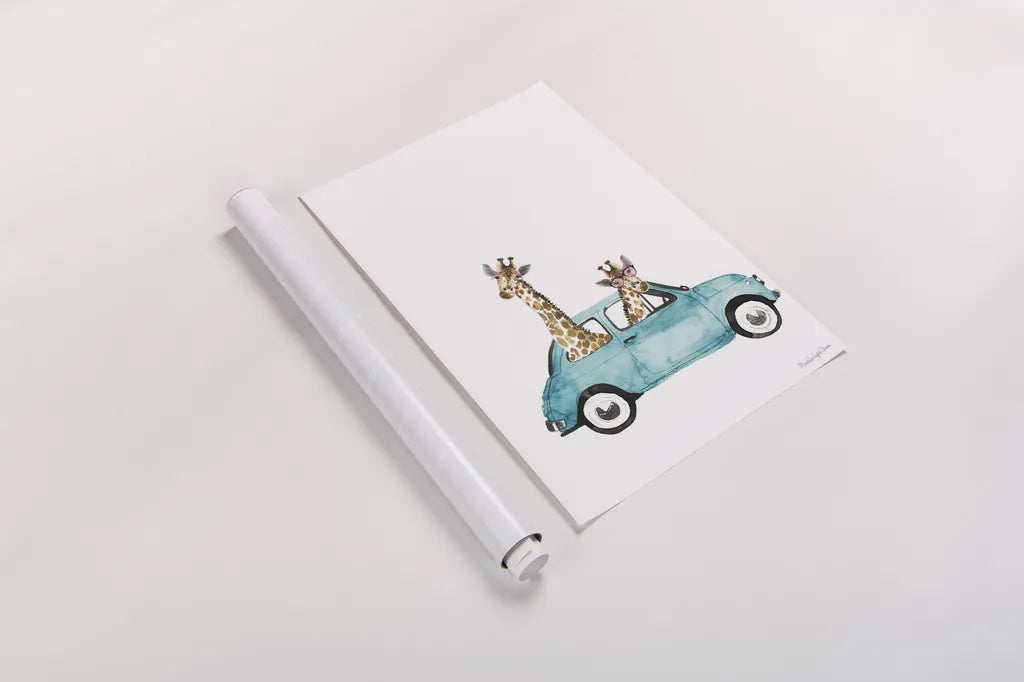 Giraffe Joy Ride III No Balloons by Mercedes Lopez Charro. shown as a rolled paper print. Available as archival giclee rolled canvas, fine art paper, or poster print. SKU 76122h.