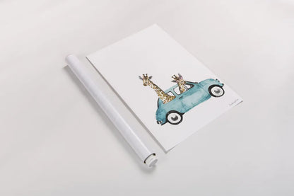 Giraffe Joy Ride III No Balloons by Mercedes Lopez Charro. shown as a rolled paper print. Available as archival giclee rolled canvas, fine art paper, or poster print. SKU 76122h.