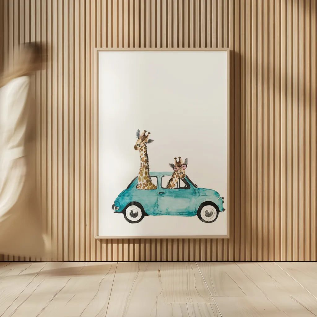 Giraffe Joy Ride III No Balloons by Mercedes Lopez Charro. shown as over sized large wall art. Available as an archival giclee rolled canvas, fine art paper, or poster print. SKU 76122h.