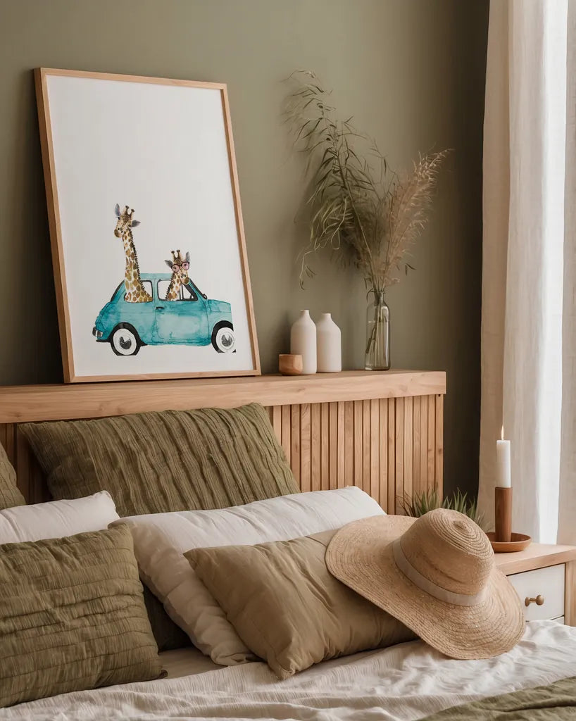 Giraffe Joy Ride III No Balloons by Mercedes Lopez Charro. shown as a paper print in a natural frame. Available as a archival giclee rolled canvas, fine art paper, or poster print. SKU 76122h.