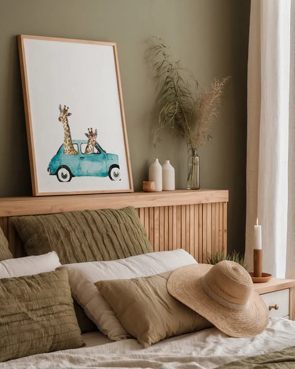 Giraffe Joy Ride III No Balloons by Mercedes Lopez Charro. shown as a paper print in a natural frame. Available as a archival giclee rolled canvas, fine art paper, or poster print. SKU 76122h.