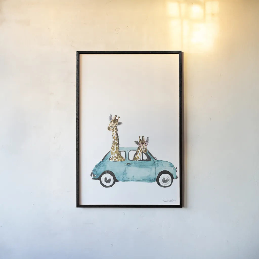 Giraffe Joy Ride III No Balloons by Mercedes Lopez Charro. shown as a paper print in a black flame. Available as a archival giclee rolled canvas, fine art paper, or poster print. SKU 76122h.