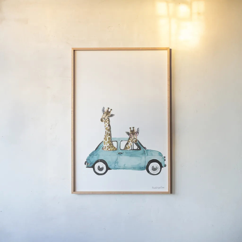 Giraffe Joy Ride III No Balloons by Mercedes Lopez Charro. shown as a paper print in a natural frame. Available as a archival giclee rolled canvas, fine art paper, or poster print. SKU 76122h.