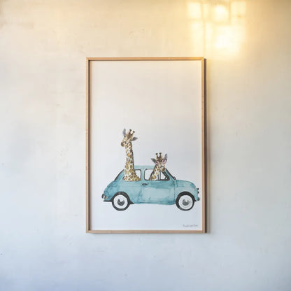 Giraffe Joy Ride III No Balloons by Mercedes Lopez Charro. shown as a paper print in a natural frame. Available as a archival giclee rolled canvas, fine art paper, or poster print. SKU 76122h.