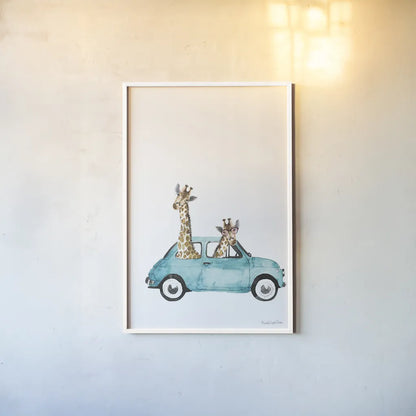 Giraffe Joy Ride III No Balloons by Mercedes Lopez Charro. shown as a paper print in a white frame. Available as a archival giclee rolled canvas, fine art paper, or poster print. SKU 76122h.
