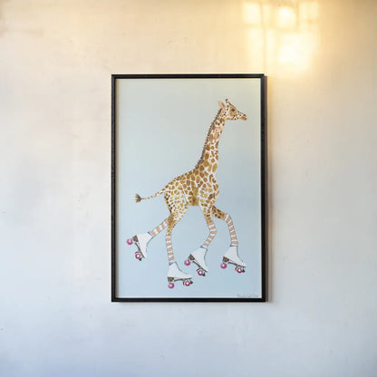 Giraffe Joy Ride IV by Mercedes Lopez Charro. shown as a paper print in a black flame. Available as a archival giclee rolled canvas, fine art paper, or poster print. SKU 73805h.