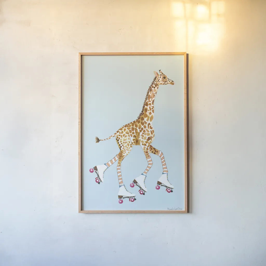 Giraffe Joy Ride IV by Mercedes Lopez Charro. shown as a paper print in a natural frame. Available as a archival giclee rolled canvas, fine art paper, or poster print. SKU 73805h.