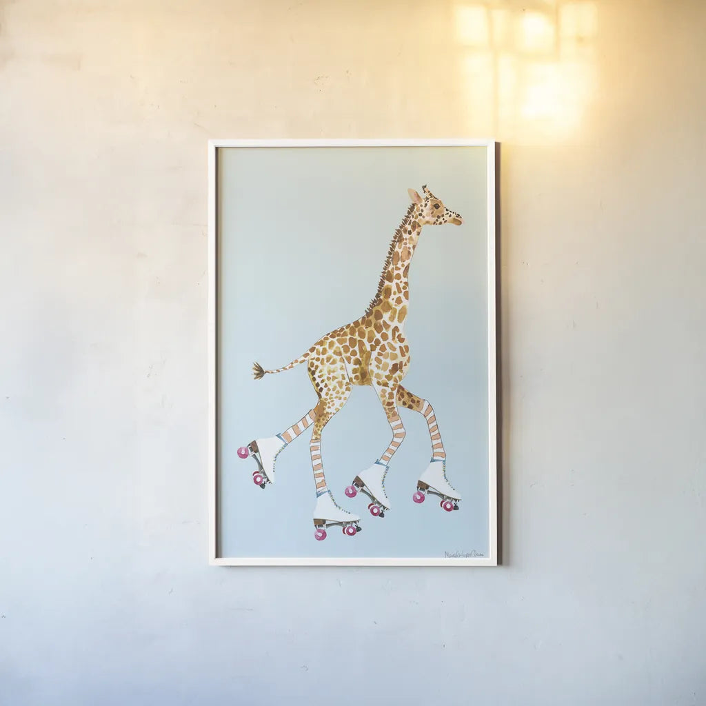 Giraffe Joy Ride IV by Mercedes Lopez Charro. shown as a paper print in a white frame. Available as a archival giclee rolled canvas, fine art paper, or poster print. SKU 73805h.