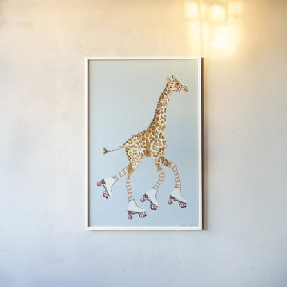 Giraffe Joy Ride IV by Mercedes Lopez Charro. shown as a paper print in a white frame. Available as a archival giclee rolled canvas, fine art paper, or poster print. SKU 73805h.