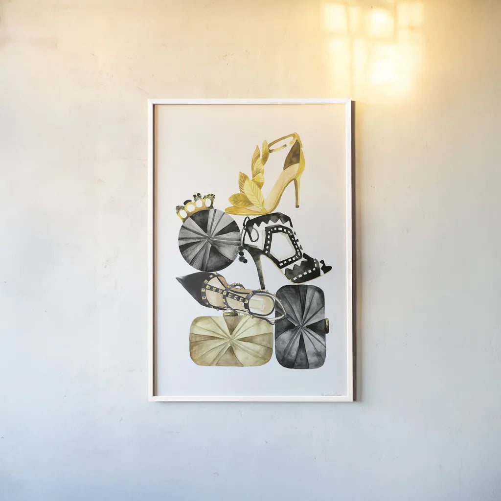 Glitz and Glam II by Mercedes Lopez Charro. shown as a paper print in a white frame. Available as a archival giclee rolled canvas, fine art paper, or poster print. SKU 68590h.