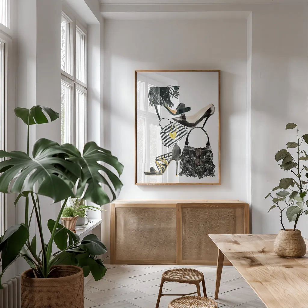 Glitz and Glam IV by Mercedes Lopez Charro. shown as a print in a natural wood frame in a dining room. Available as a archival giclee rolled canvas, fine art paper, or poster print. SKU 68592h.