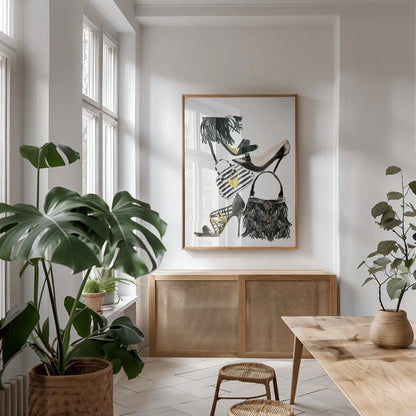 Glitz and Glam IV by Mercedes Lopez Charro. shown as a print in a natural wood frame in a dining room. Available as a archival giclee rolled canvas, fine art paper, or poster print. SKU 68592h.