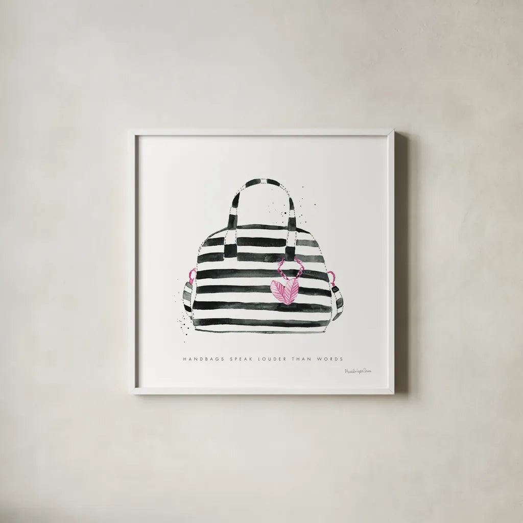 Glitz and Glam IX Pink by Mercedes Lopez Charro. Shown in a crisp white glass frame for a clean and minimalist style. Available as an archival giclee rolled canvas, fine art paper, or poster print. SKU 82826a.