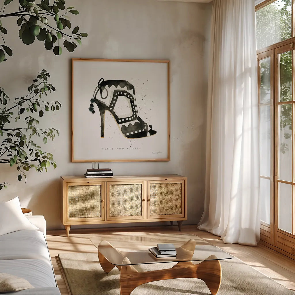 Glitz and Glam V by Mercedes Lopez Charro. Shown in a natural wood frame in a cozy modern living room. Available as an archival giclee rolled canvas, fine art paper, or poster print. SKU 68593a.