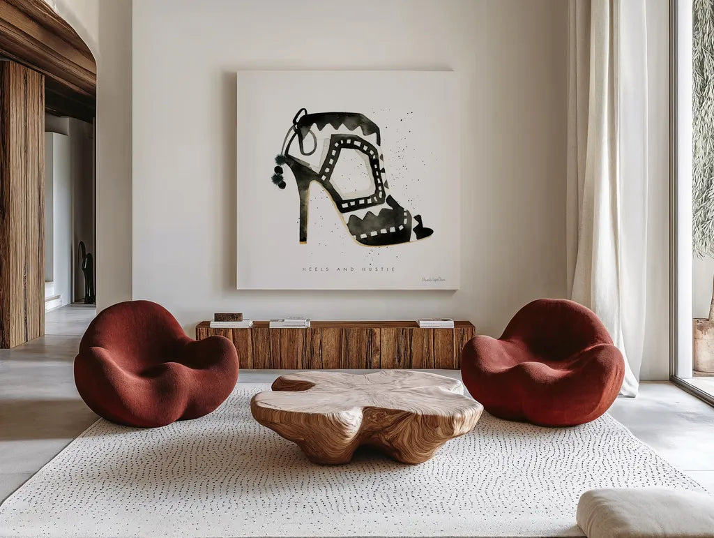 Glitz and Glam V by Mercedes Lopez Charro. Shown as extra-large giant wall art in a modern living room. Available as an archival giclee rolled canvas, fine art paper, or poster print. SKU 68593a.