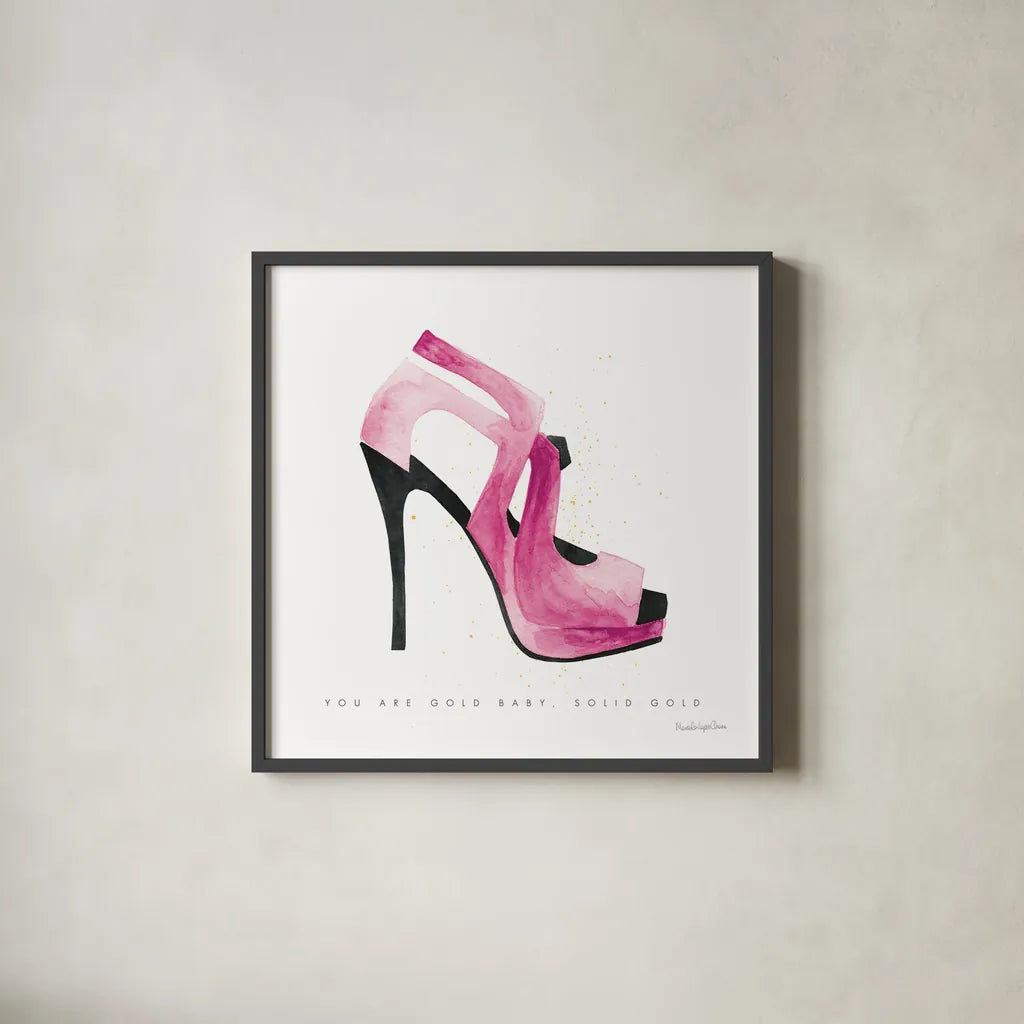 Glitz and Glam VII Pink by Mercedes Lopez Charro. Shown in a sleek black glass frame for a contemporary gallery look. Available as an archival giclee rolled canvas, fine art paper, or poster print. SKU 82825a.