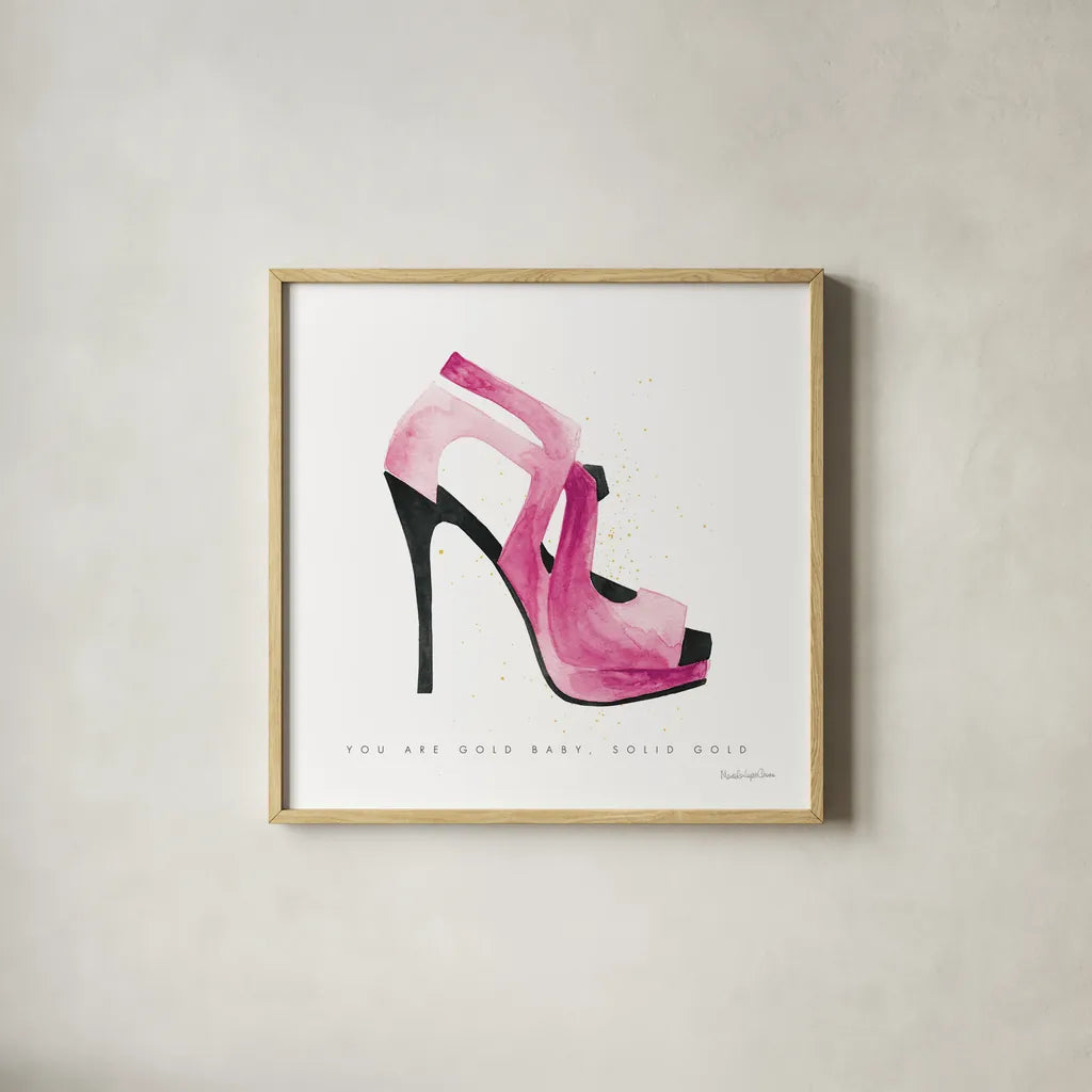 Glitz and Glam VII Pink by Mercedes Lopez Charro. Shown in a natural wood glass frame for a timeless modern aesthetic. Available as an archival giclee rolled canvas, fine art paper, or poster print. SKU 82825a.