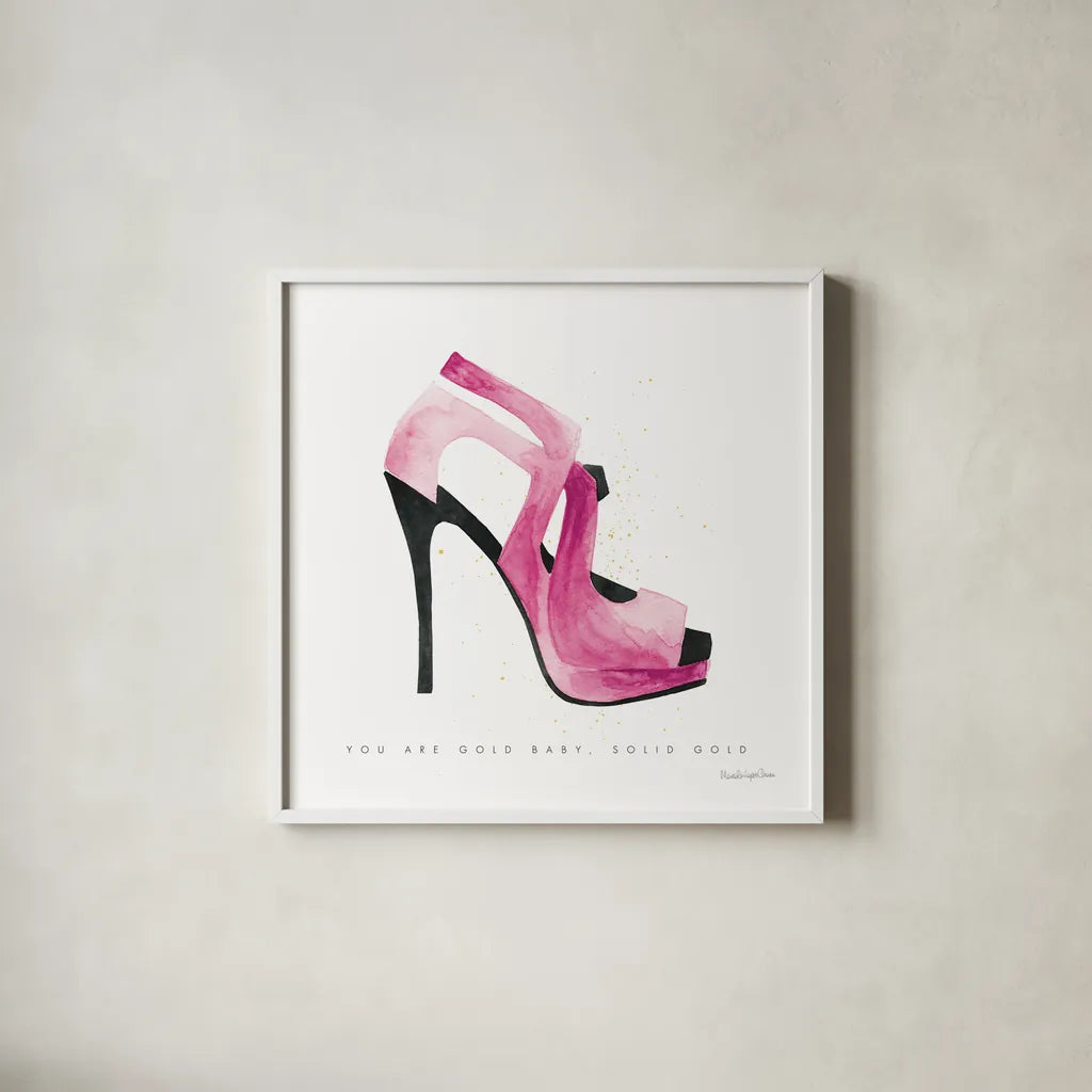 Glitz and Glam VII Pink by Mercedes Lopez Charro. Shown in a crisp white glass frame for a clean and minimalist style. Available as an archival giclee rolled canvas, fine art paper, or poster print. SKU 82825a.