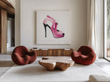 Glitz and Glam VII Pink by Mercedes Lopez Charro. Shown as extra-large giant wall art in a modern living room. Available as an archival giclee rolled canvas, fine art paper, or poster print. SKU 82825a.