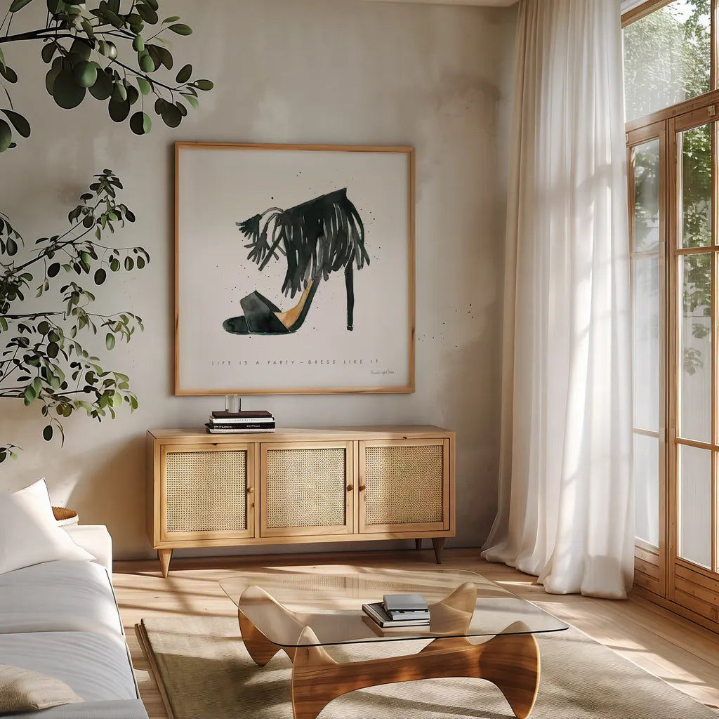 Glitz and Glam VIII by Mercedes Lopez Charro. Shown in a natural wood frame in a cozy modern living room. Available as an archival giclee rolled canvas, fine art paper, or poster print. SKU 68596a.