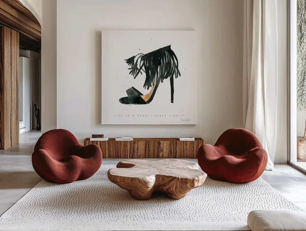 Glitz and Glam VIII by Mercedes Lopez Charro. Shown as extra-large giant wall art in a modern living room. Available as an archival giclee rolled canvas, fine art paper, or poster print. SKU 68596a.