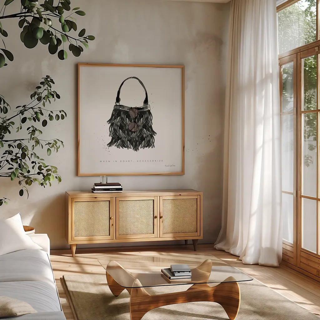 Glitz and Glam XII by Mercedes Lopez Charro. Shown in a natural wood frame in a cozy modern living room. Available as an archival giclee rolled canvas, fine art paper, or poster print. SKU 68790a.