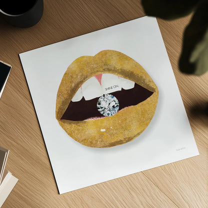 Gold Lips II by Mercedes Lopez Charro. Shown as a detailed flat fine art print, highlighting archival giclee quality. Available as an archival giclee rolled canvas, fine art paper, or poster print. SKU 67091a.