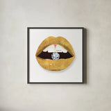 Gold Lips II by Mercedes Lopez Charro. Shown in a sleek black glass frame for a contemporary gallery look. Available as an archival giclee rolled canvas, fine art paper, or poster print. SKU 67091a.