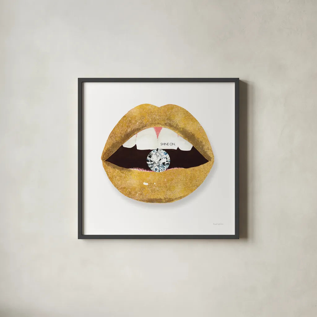 Gold Lips II by Mercedes Lopez Charro. Shown in a sleek black glass frame for a contemporary gallery look. Available as an archival giclee rolled canvas, fine art paper, or poster print. SKU 67091a.