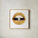 Gold Lips II by Mercedes Lopez Charro. Shown in a natural wood glass frame for a timeless modern aesthetic. Available as an archival giclee rolled canvas, fine art paper, or poster print. SKU 67091a.