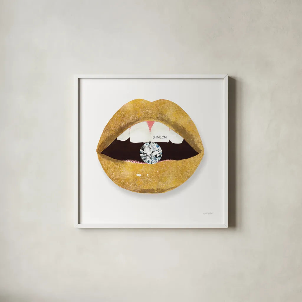 Gold Lips II by Mercedes Lopez Charro. Shown in a crisp white glass frame for a clean and minimalist style. Available as an archival giclee rolled canvas, fine art paper, or poster print. SKU 67091a.