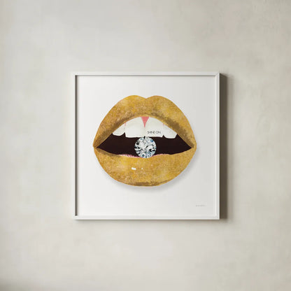 Gold Lips II by Mercedes Lopez Charro. Shown in a crisp white glass frame for a clean and minimalist style. Available as an archival giclee rolled canvas, fine art paper, or poster print. SKU 67091a.