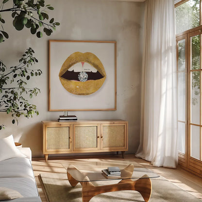 Gold Lips II by Mercedes Lopez Charro. Shown in a natural wood frame in a cozy modern living room. Available as an archival giclee rolled canvas, fine art paper, or poster print. SKU 67091a.