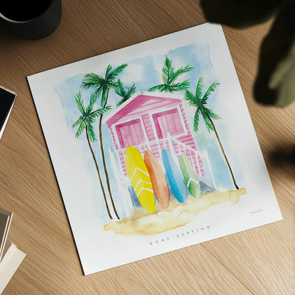 Gone Surfing by Mercedes Lopez Charro. Shown as a detailed flat fine art print, highlighting archival giclee quality. Available as an archival giclee rolled canvas, fine art paper, or poster print. SKU 70160a.