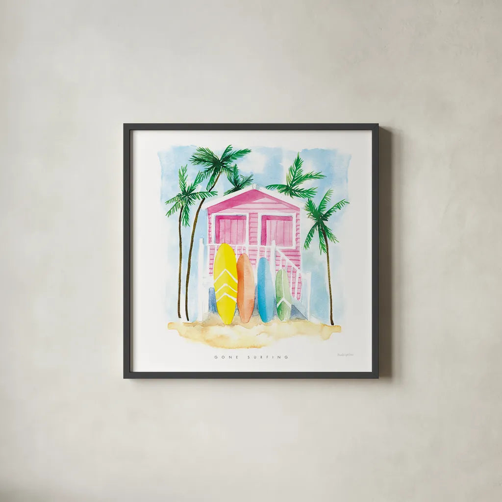 Gone Surfing by Mercedes Lopez Charro. Shown in a sleek black glass frame for a contemporary gallery look. Available as an archival giclee rolled canvas, fine art paper, or poster print. SKU 70160a.