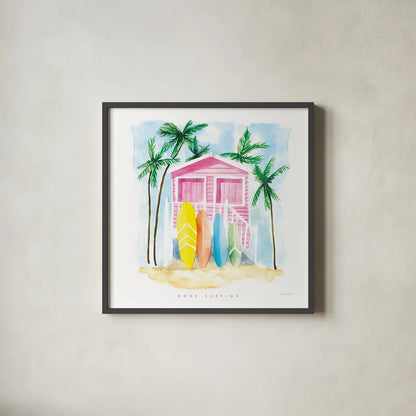 Gone Surfing by Mercedes Lopez Charro. Shown in a sleek black glass frame for a contemporary gallery look. Available as an archival giclee rolled canvas, fine art paper, or poster print. SKU 70160a.